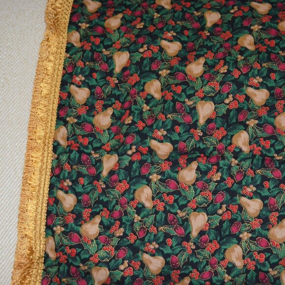 Holiday Table Runner, Pear & Berry Print, Gold Fringe, 120 x 22", Handcrafted - Picture 2 of 6